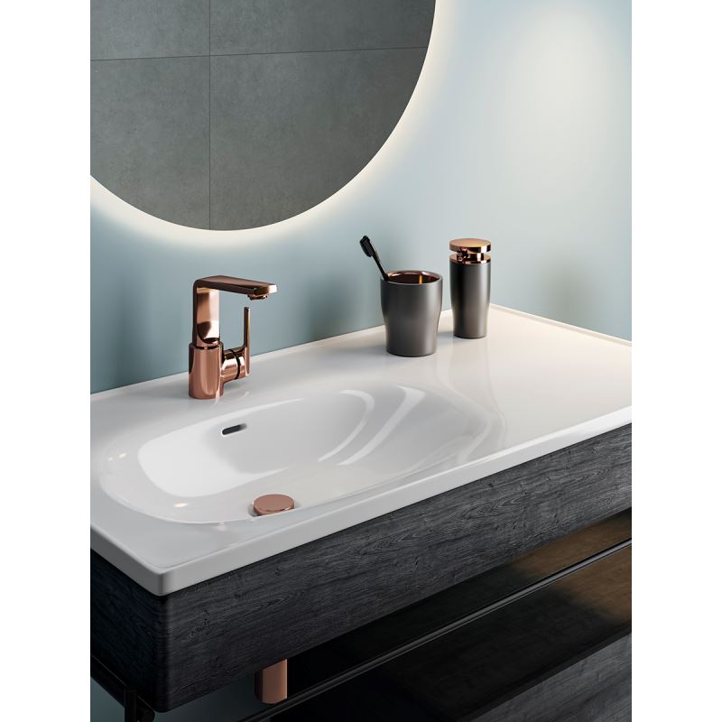 Möbelwaschtisch-SetEqual Set Möbelwaschtisch, asymmetrisch, 100 cm, mit Holzblende und Handtuchhalter, Weiß Hochglanz/Schwarz-Eiche