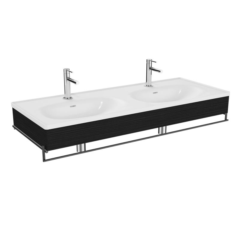 Doppelwaschtisch-SetEqual Set Doppelwaschtisch, 130 cm, mit Holzblende und Handtuchhalter, Weiß Hochglanz/Schwarz-Eiche