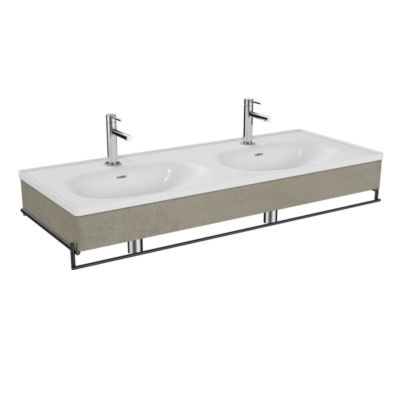 Doppelwaschtisch-SetEqual Set Doppelwaschtisch, 130 cm, mit Holzblende und Handtuchhalter, Weiß Hochglanz/Beton