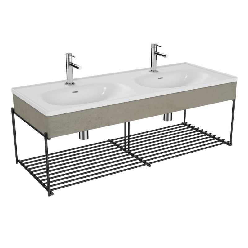 Doppelwaschtisch-SetEqual Set Doppelwaschtisch, 130 cm, mit Holzblende und Ablagegitter, Weiß Hochglanz/Beton