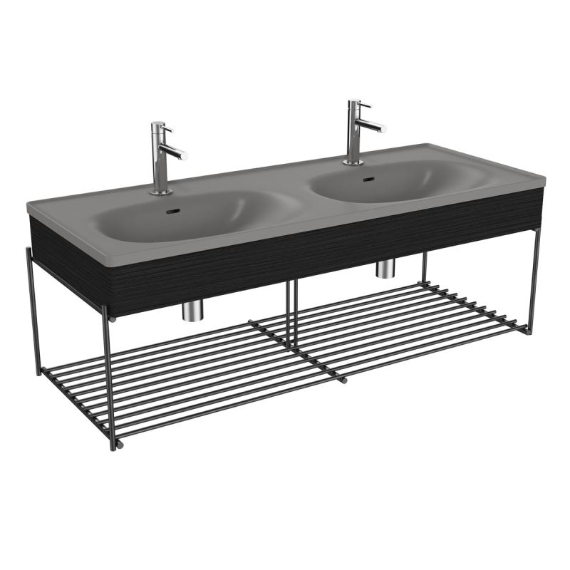 Doppelwaschtisch-SetEqual Set Doppelwaschttisch, 130 cm, mit Holzblende und Ablagegitter, Steingrau Matt/Schwarz-Eiche