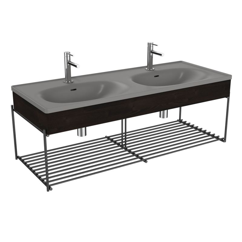 Doppelwaschtisch-SetEqual Set Doppelwaschttisch, 130 cm, mit Holzblende und Ablagegitter, Steingrau Matt/Ulme