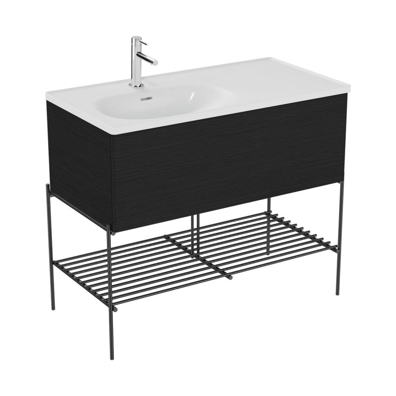 Möbelwaschtisch-SetEqual Set Waschtischunterschrank mit Auszug und Fußgestell, 103 cm, Weiß Hochglanz/Schwarz Matt/Schwarz-Eiche