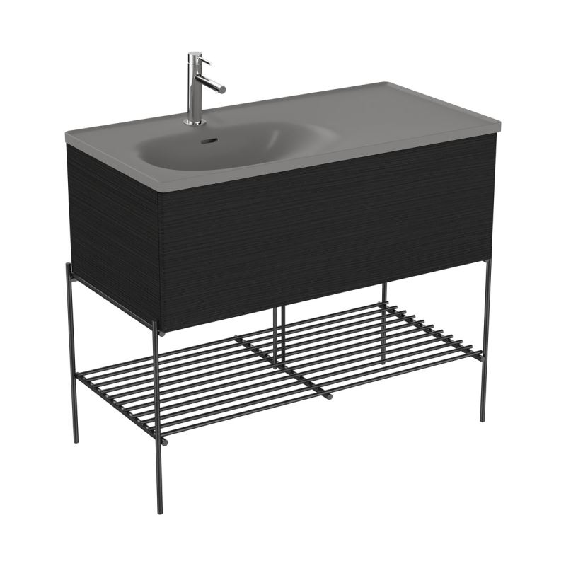Möbelwaschtisch-SetEqual Set Waschtischunterschrank mit Auszug und Fußgestell, 103 cm, Steingrau Matt/Schwarz Matt/Schwarz-Eiche