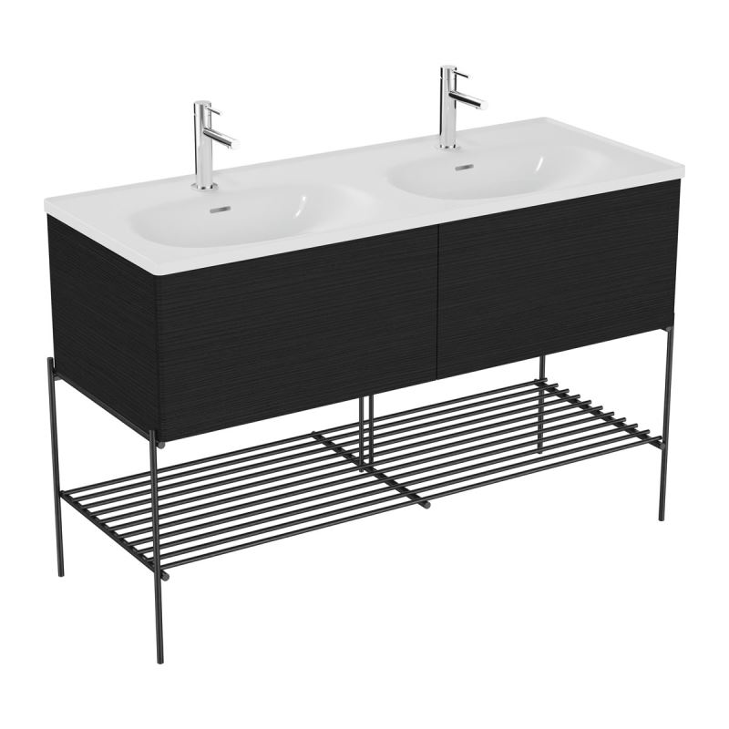 Doppelwaschtisch-SetEqual Set Doppel-Waschtisch 2 Laden, 133 cm, Weiß Hochglanz/Schwarz Matt/Schwarz-Eiche